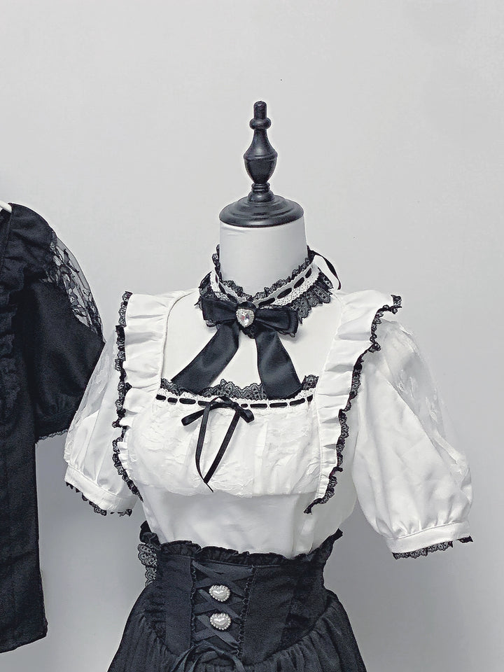 Black / White Jirai Kei Blouse + High-Waisted Skirt (2XL 3XL L M S XL) 43001:761578