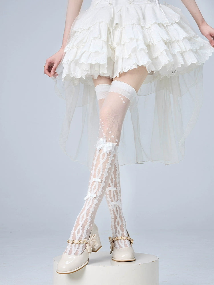 Lolita Socks Over-the-Knee Stockings Bow Print Lace Socks 36536:541240 36536:541240