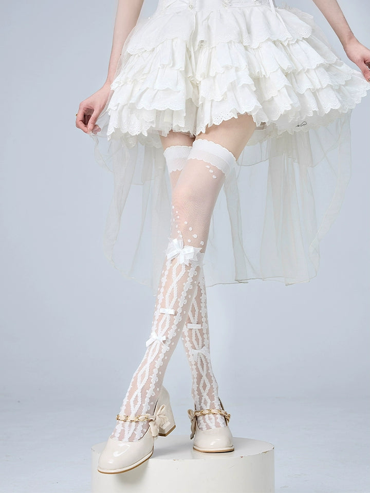 Lolita Socks Over-the-Knee Stockings Bow Print Lace Socks 36536:541240 36536:541240