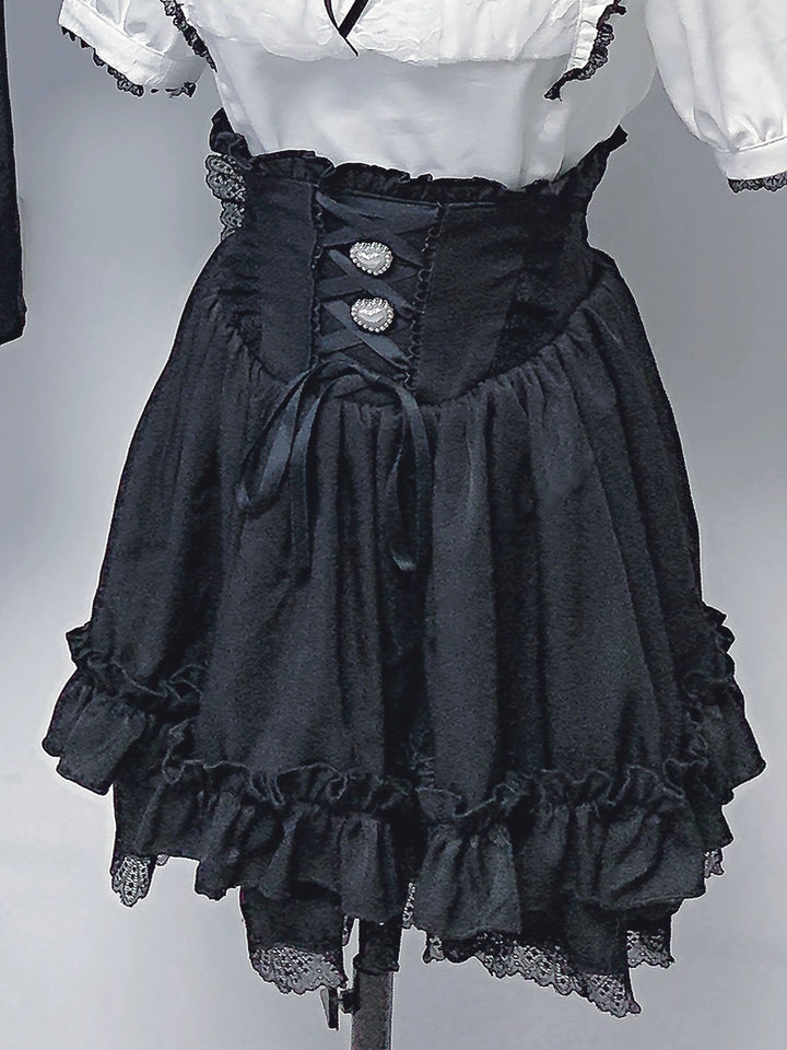 Black / White Jirai Kei Blouse + High-Waisted Skirt (2XL 3XL L M S XL) 43001:761582