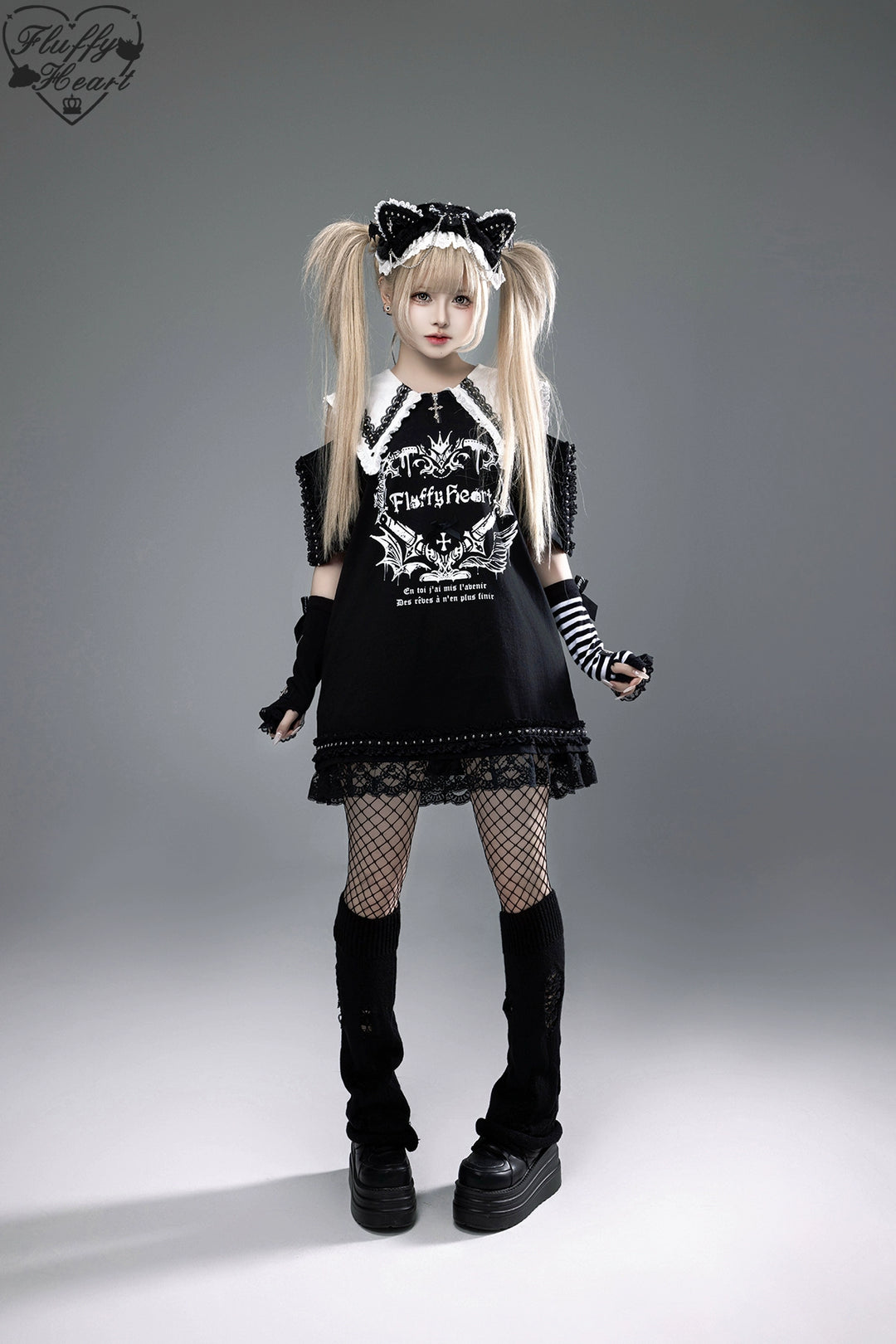 Cotton Sub Jirai Kei T-Shirt Dress, Pointed Collar, Open Shoulder 43373:774807
