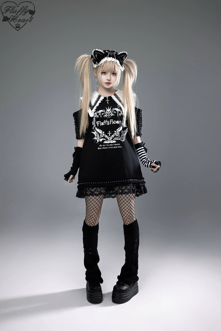 Cotton Sub Jirai Kei T-Shirt Dress, Pointed Collar, Open Shoulder 43373:774807