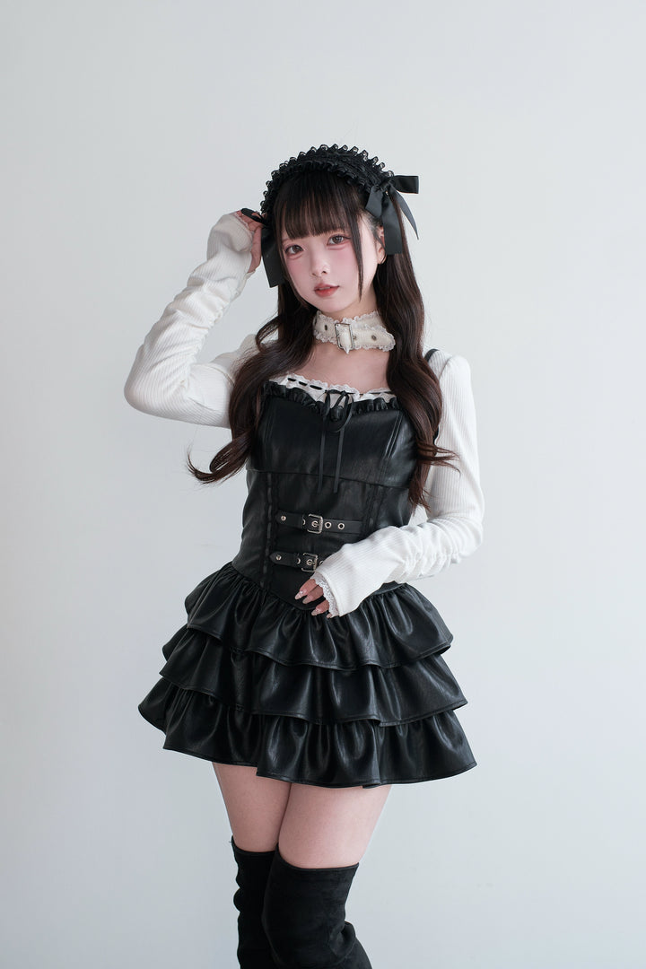 Jirai Kei Strappy Mini Dress, Tiered Ruffles 44328:805454