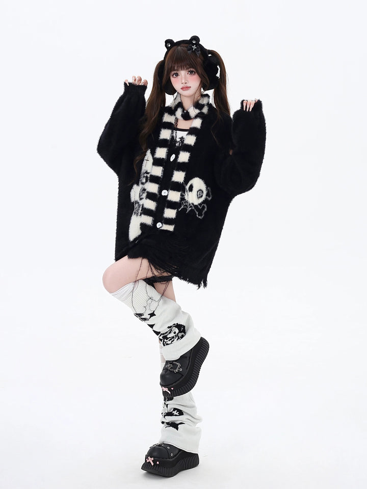 Jirai Kei Sweater Irregular Hem Cardigan With Striped Scarf 40922:680400