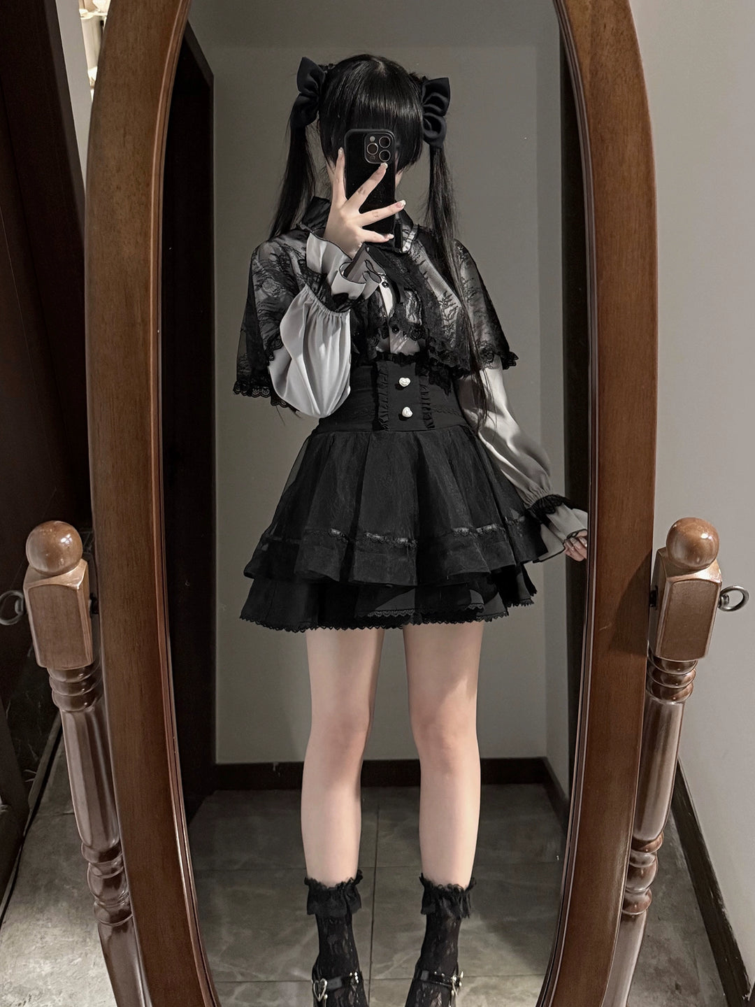 Jirai Kei Lace-cape Blouse, High-waist Skirt Outfit 43933:790394