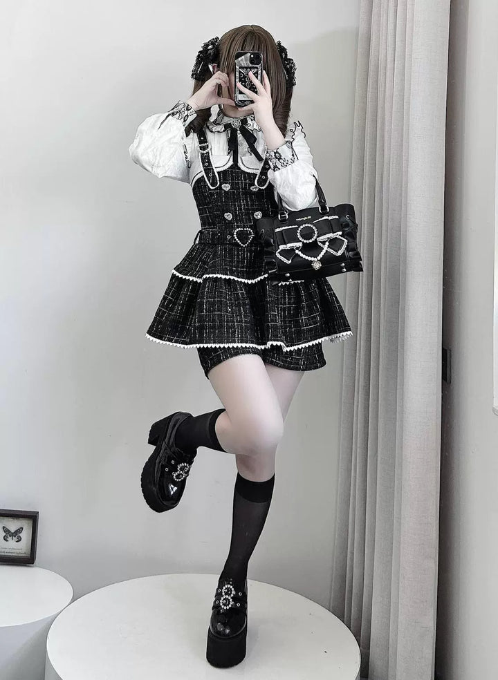 Tweed-like Jirai Kei Suspender Skirt, Matching Shorts 44178:799990