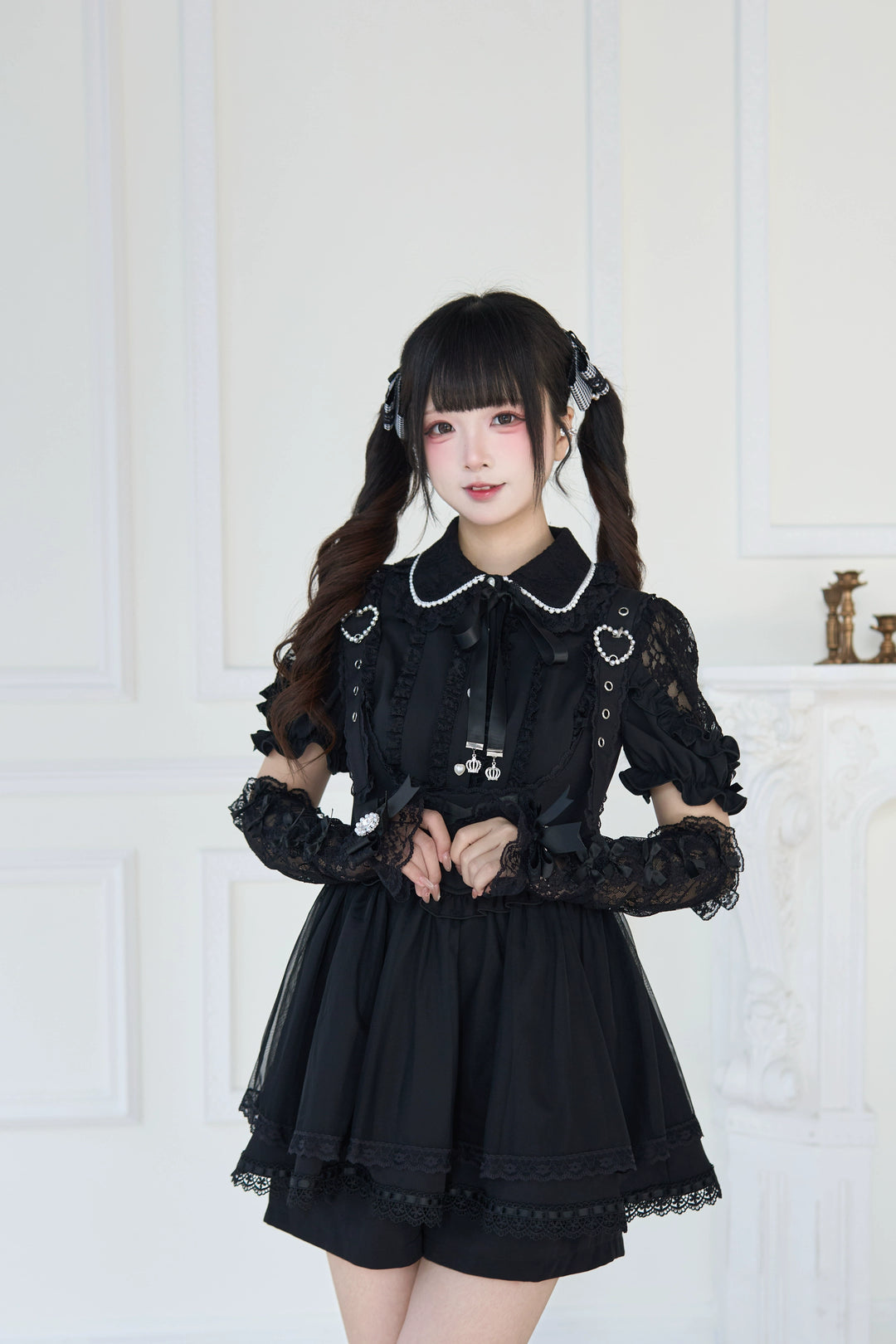 Jirai Kei Lace Arm Sleeves, Ribbon Bows, Rhinestones, Pearl Accents 43316:773890