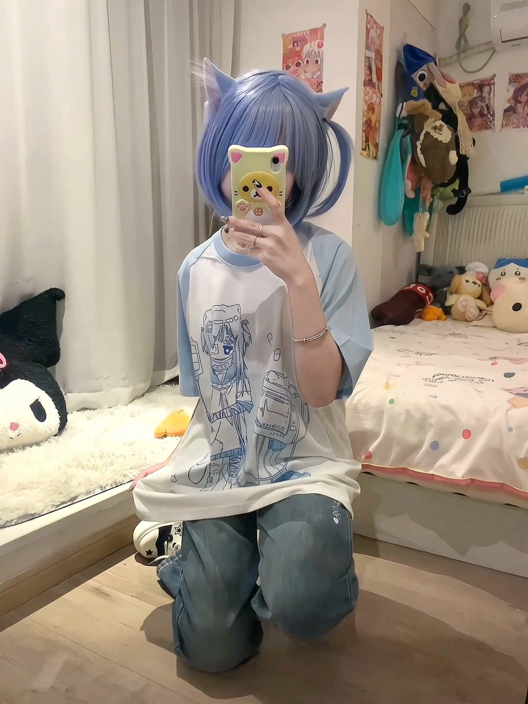 Cotton Jirai Kei T-shirt with Bandaged Girl & ECG Print 42906:757310