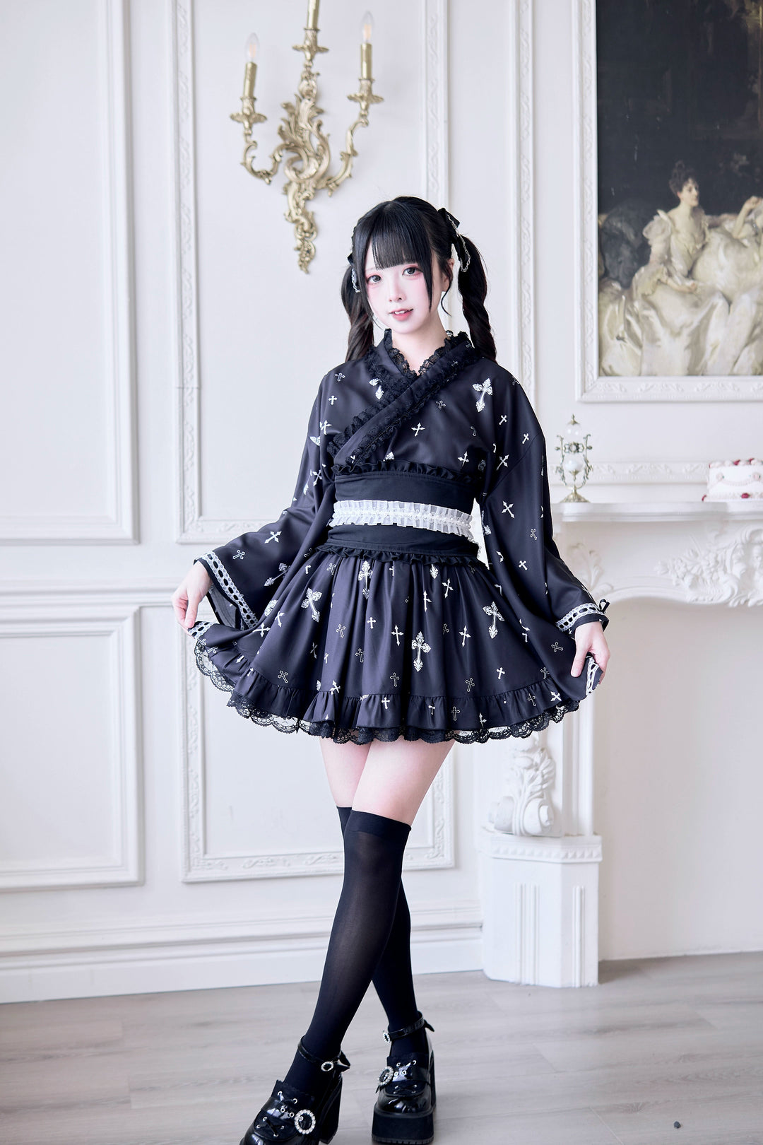 Wa-Style Jirai Kei Kimono Blouse + Ruffle SKirt + Wide Obi Belt 42799:765960