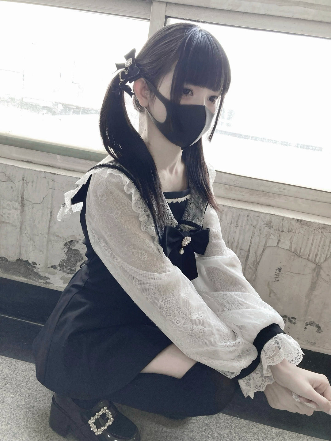 Jirai Kei Set Up Lace Sleeve Sailor Collar Dress Shorts 37650:567954
