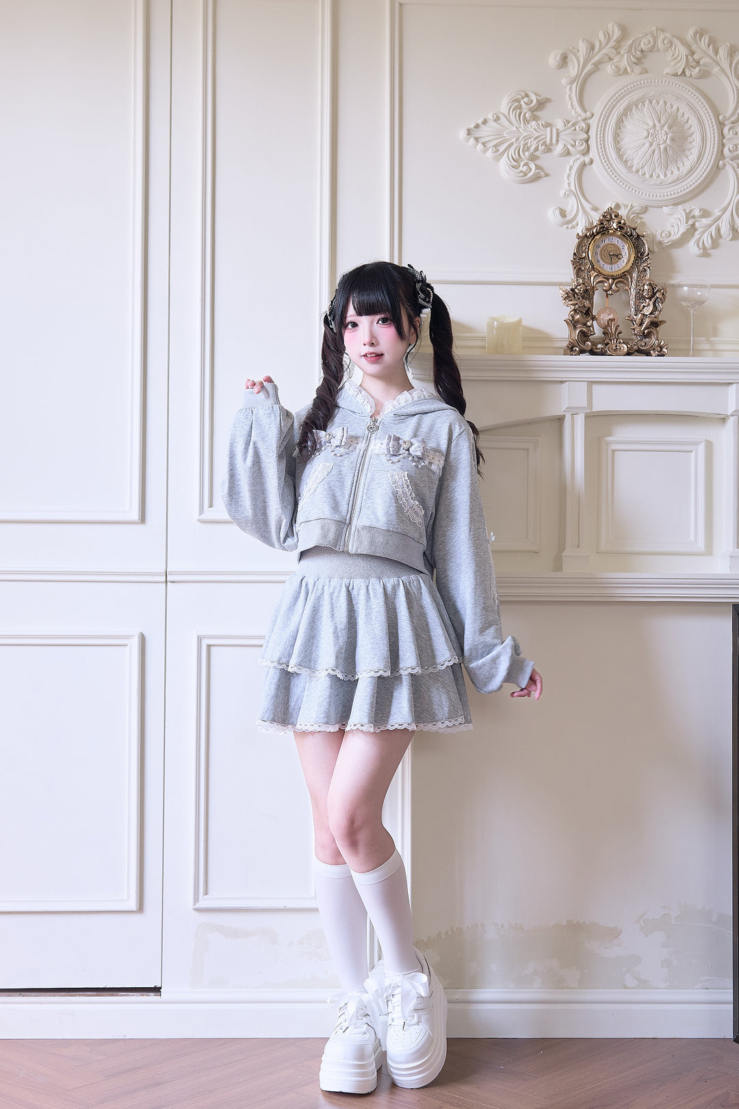 Sport Jirai Kei Hoodie Jacket Pants and Skirt with Lace Detail 42521:743631