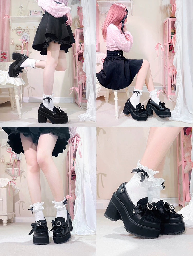 Jirai Kei Shoes Bow Tie Rhinestone Platforms High-heel Shoes 38516:590830