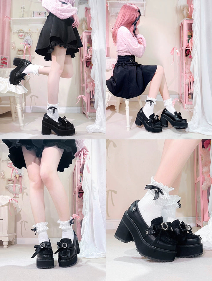 Jirai Kei Shoes Bow Tie Rhinestone Platforms High-heel Shoes 38516:590830
