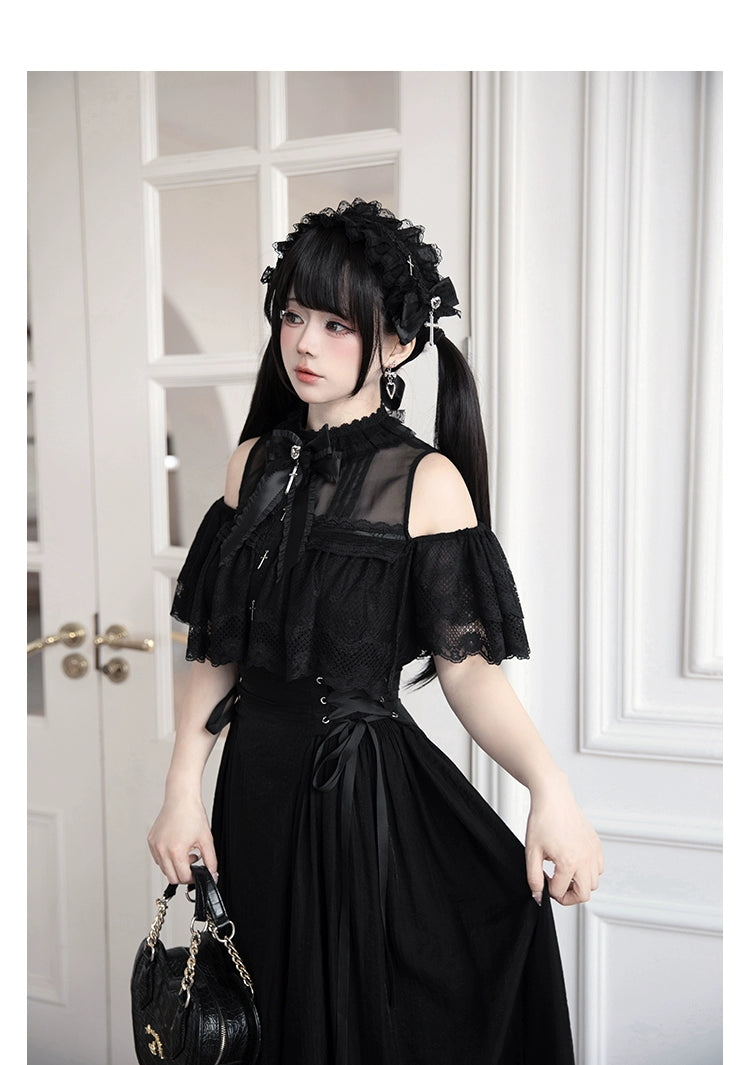 Black / White Jirai Kei Long Dress, Detachable Bow, Cross Detail 43510:778759