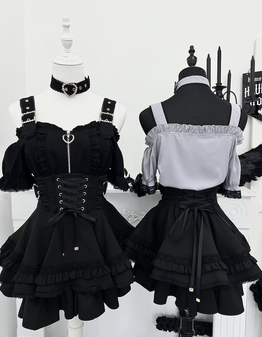 Jirai Kei Open Shoulder Shirt Outfit, Multiple Colors 43500:778049