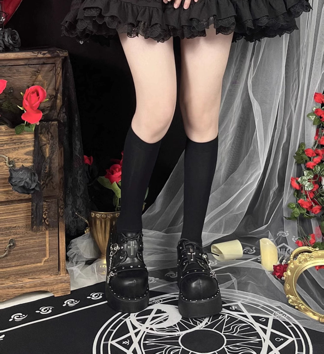 Punk Platform Shoes Round Toe Spice Girl Shoes Metal Crosses 38050:596212