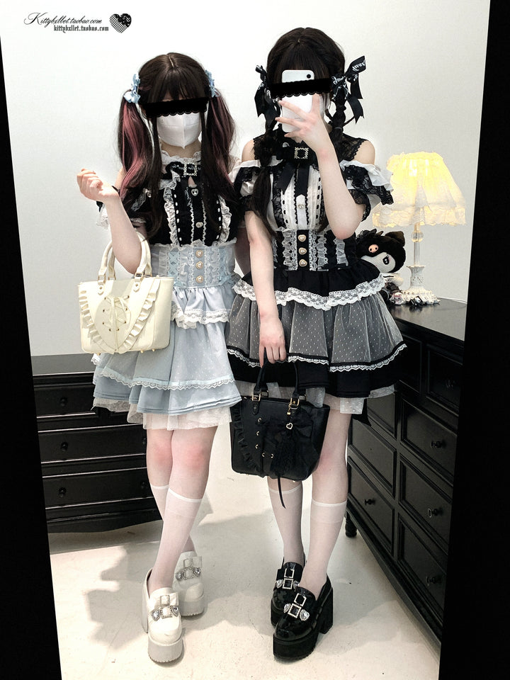 Lace Open Shoulder Jirai Kei Blouse, Heart Rhinestone 43692:783126