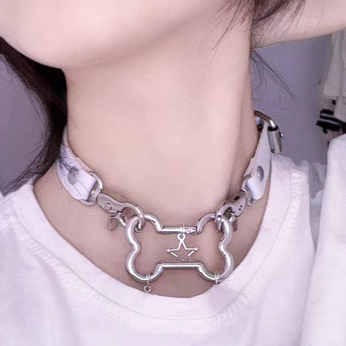 Jirai Kei Necklace Metallic Bone Star Pendant PU Punk Choker 42684:749354