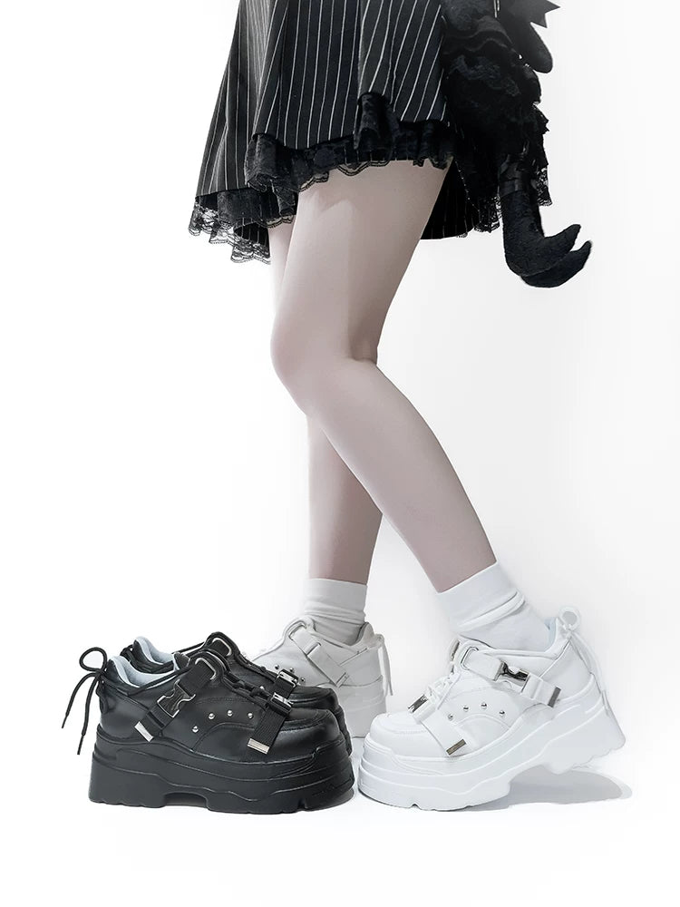 White/Black Punk High Platform Shoes, Metal Buckles 44400:807757