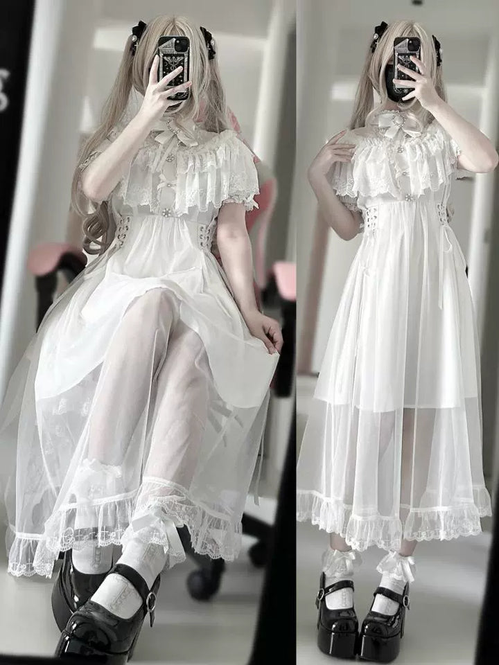 Long Jirai Kei Lace Cape Dress, Detachable Sleeves 43590:780596