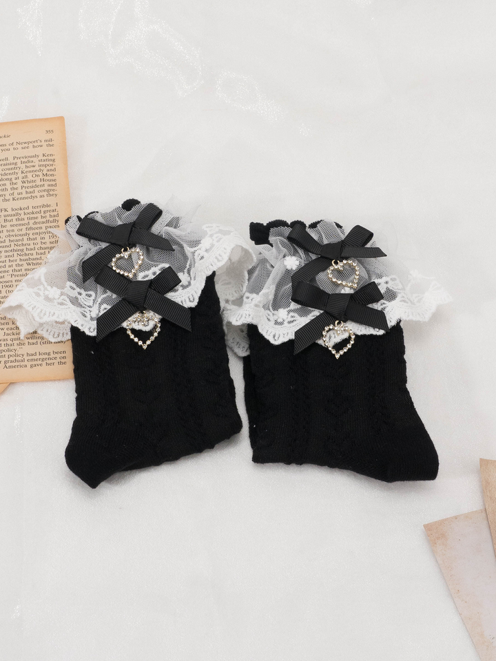 Lolita Mid-Calf Socks With Heart-shaped Rhinestone And Bow 21594:310996