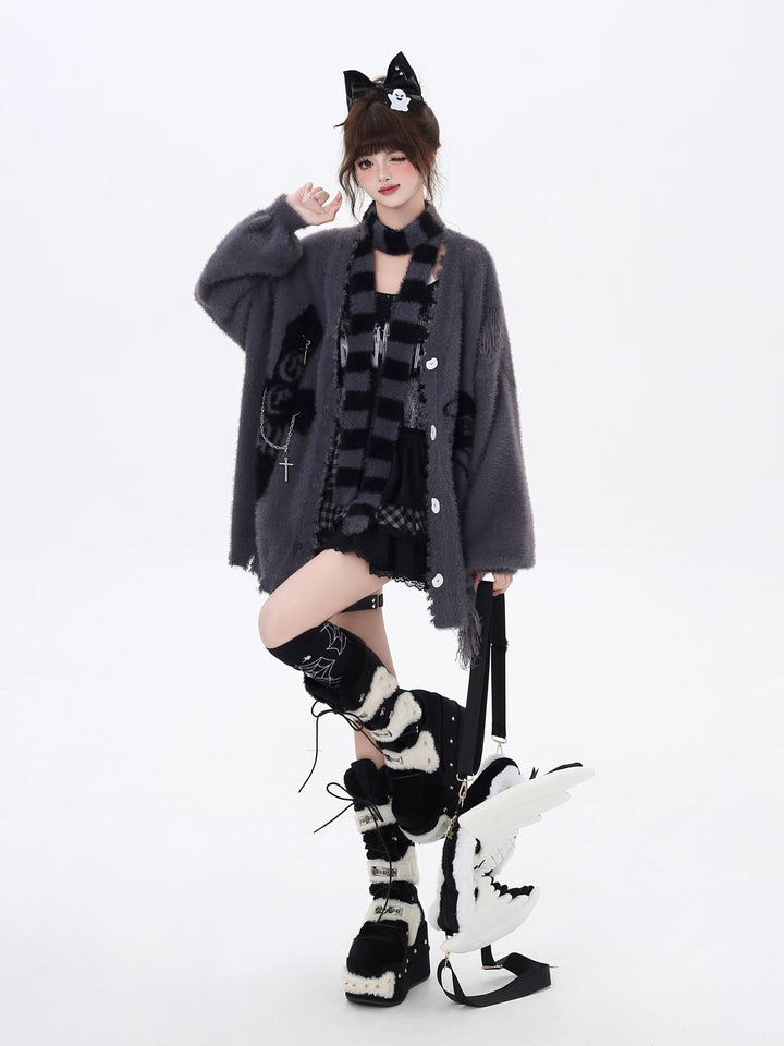 Jirai Kei Sweater Irregular Hem Cardigan With Striped Scarf 40922:680434