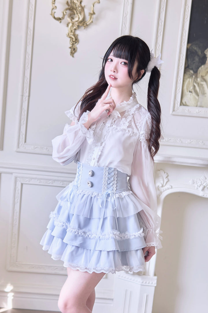 Jirai Kei Ruffle Tiered Skirt with Lace and Bows Multicolor (L M S) 42894:758566