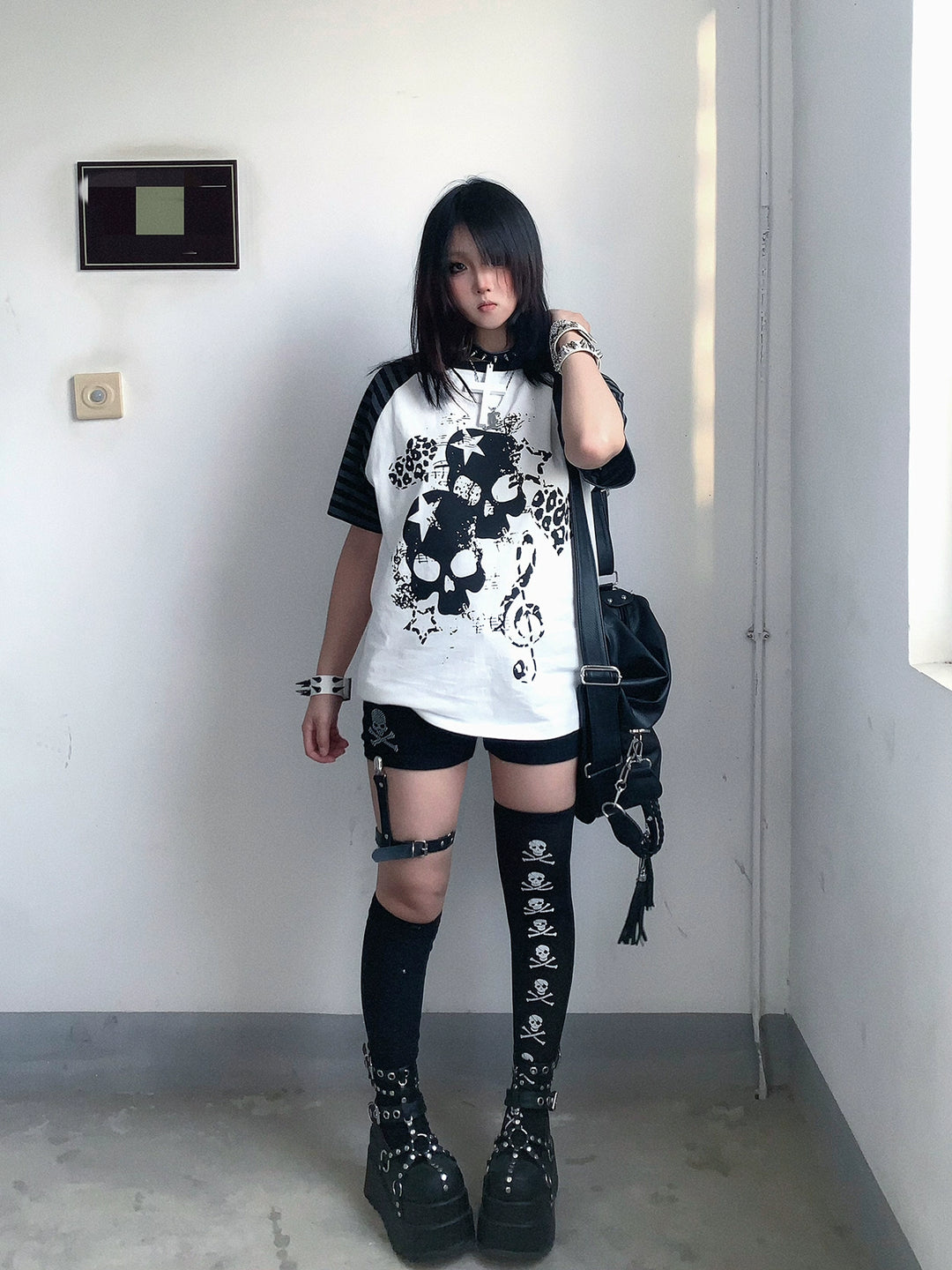 Cotton Subculture T-shirt, Gothic Skull & Leopard Heart Print 43225:771694