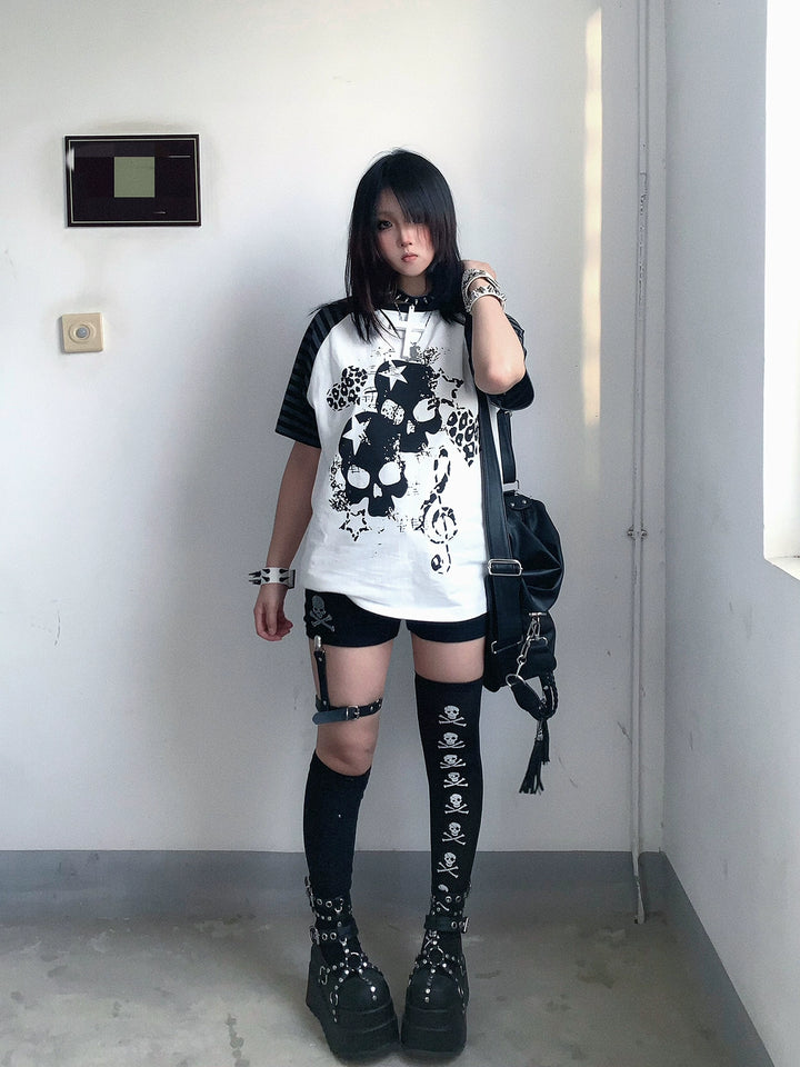 Cotton Subculture T-shirt, Gothic Skull & Leopard Heart Print 43225:771694