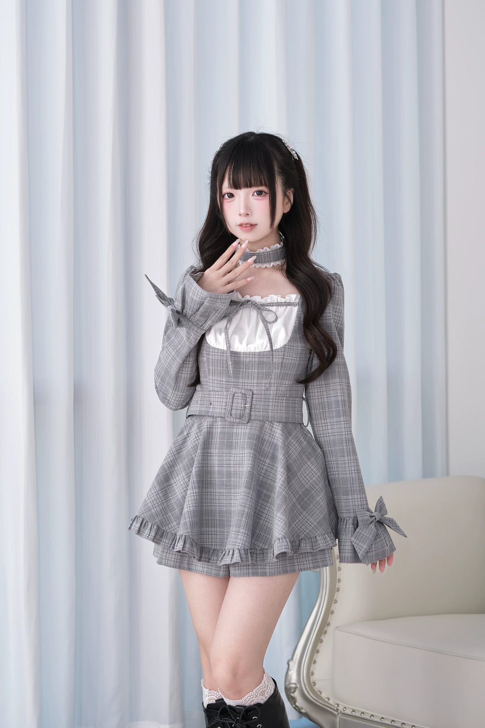 Jirai Kei Plaid Dress and Shorts Set, Lace Trim Choker (M S) 44689:819253