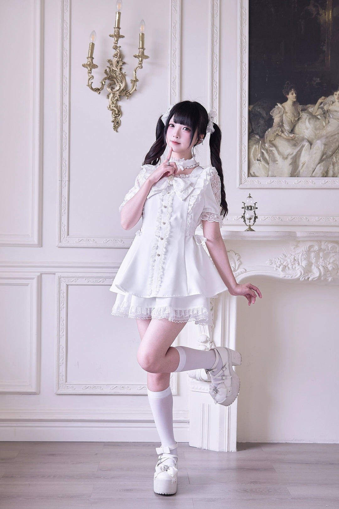 Jirai Kei Dress 4-Piece Set, Elastic Waist & Pearl Button 43010:761789