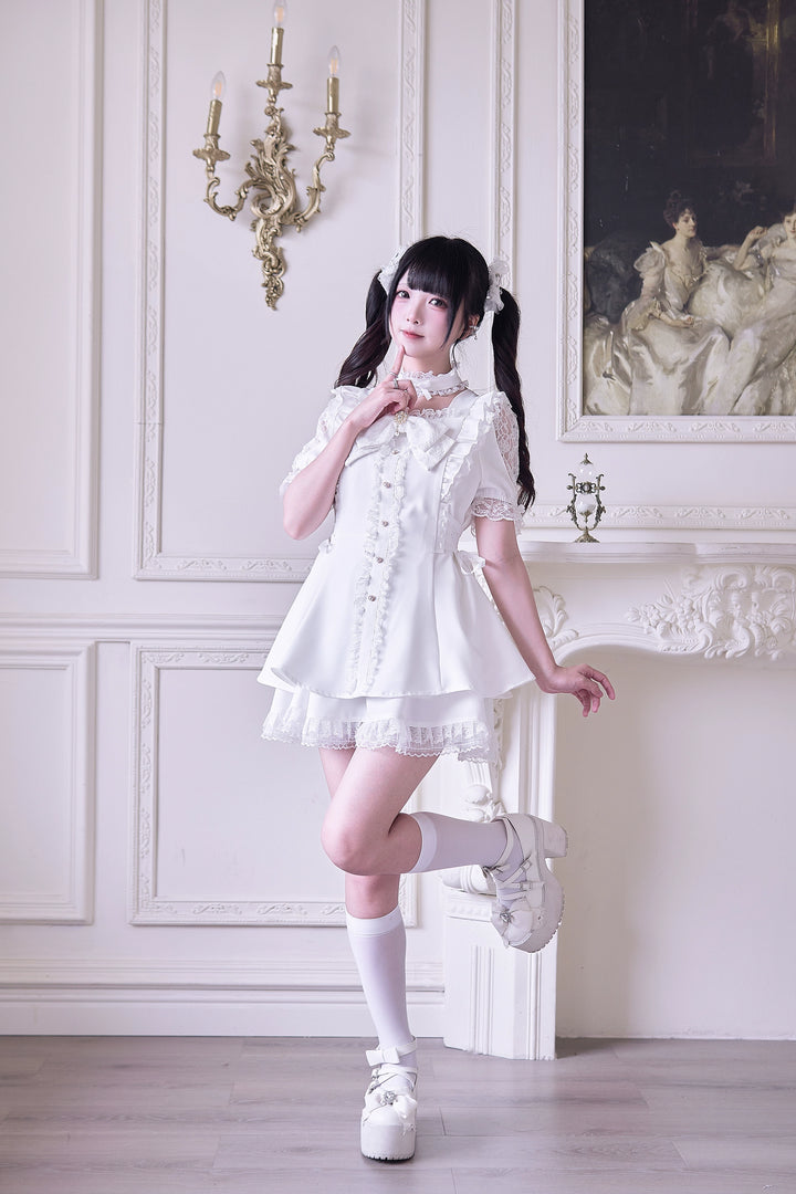 Jirai Kei Dress 4-Piece Set, Elastic Waist & Pearl Button 43010:761789