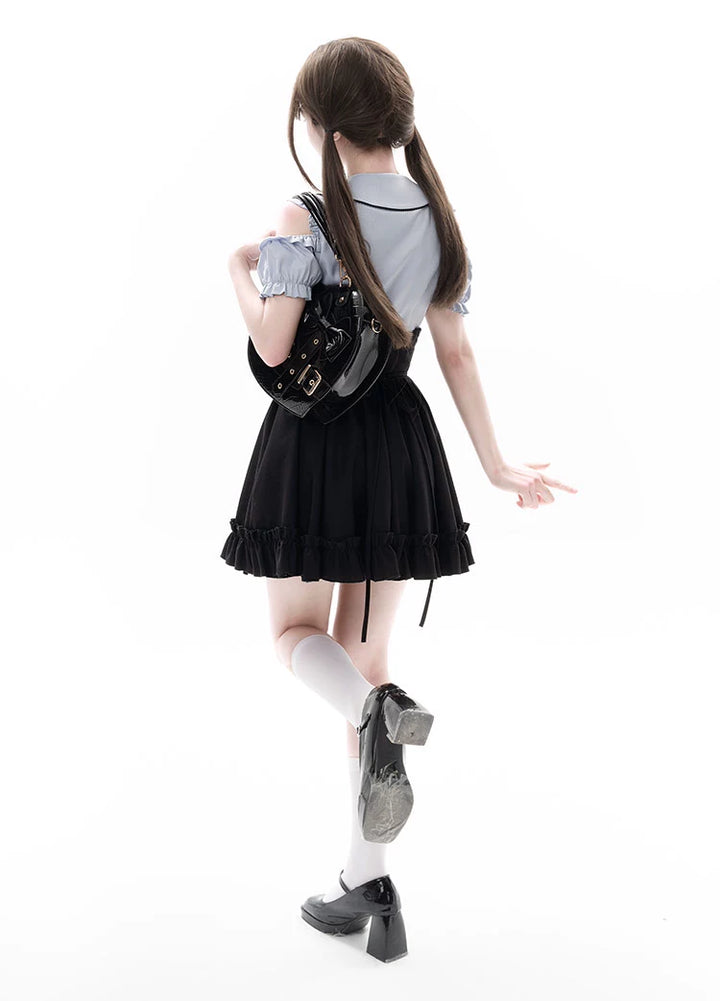 Jirai Kei Blue Open Shoulder Blouse, Flounce Hem Skirt 21966:351024