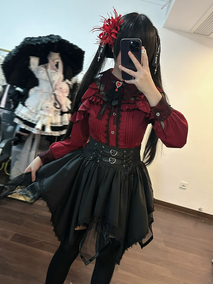 Jirai Kei Blouse Lace Bat Collar Burgundy And Black Shirt 39630:633386