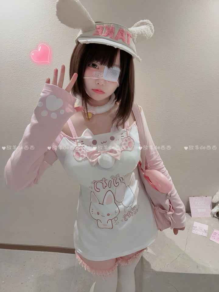 Kawaii Cat-Print Cotton Skirt Off-Shoulder Top with Choker 42812:754154