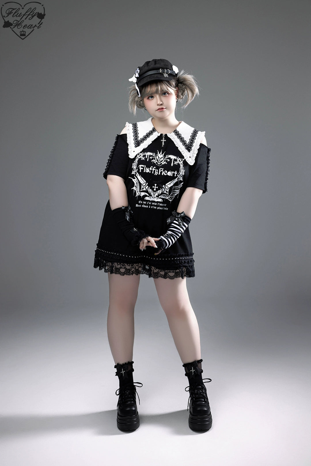 Cotton Sub Jirai Kei T-Shirt Dress, Pointed Collar, Open Shoulder 43373:774816
