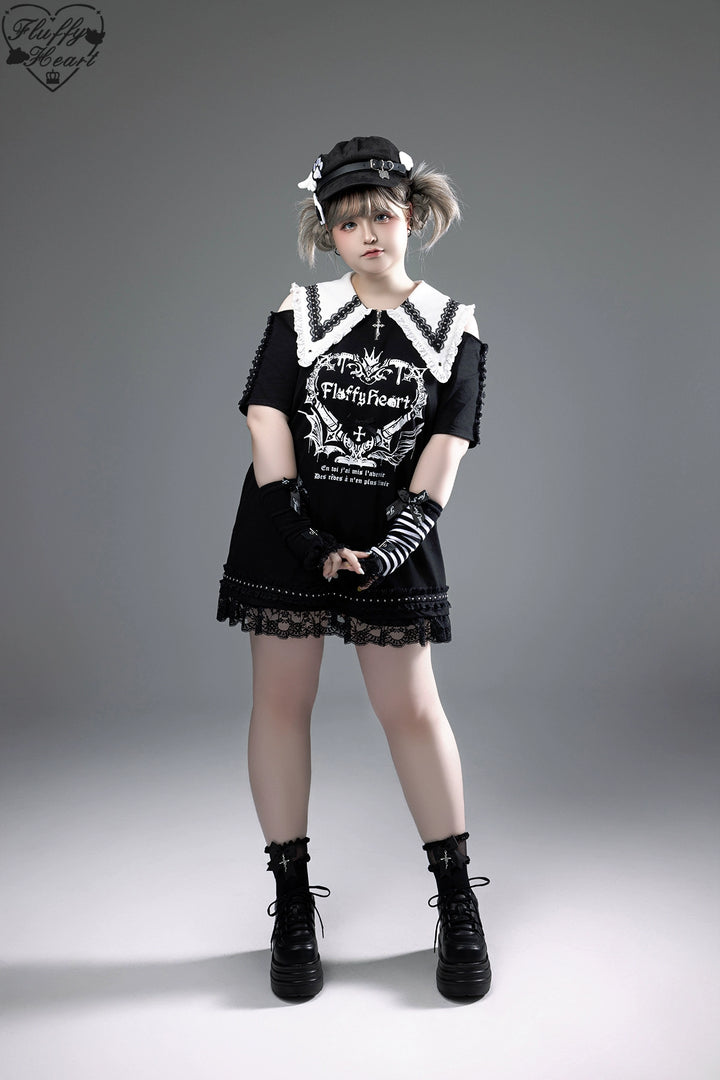 Cotton Sub Jirai Kei T-Shirt Dress, Pointed Collar, Open Shoulder 43373:774816