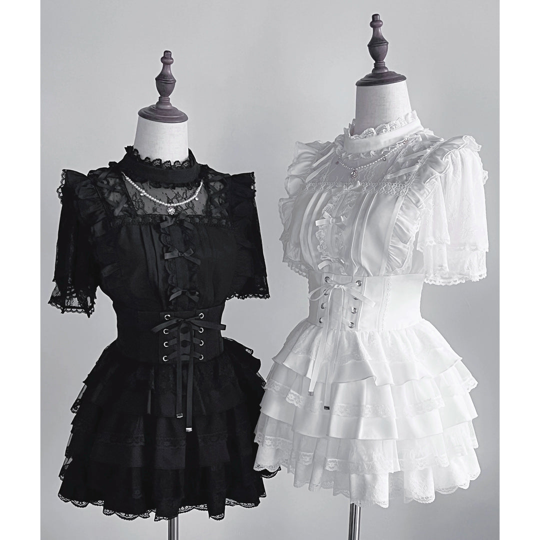 Jirai Kei Pearl Necklace Blouse, Lace-up Cake Skirt Set (L M S) 43019:762195