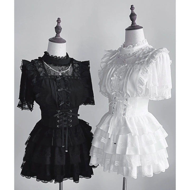 Jirai Kei Pearl Necklace Blouse, Lace-up Cake Skirt Set (L M S) 43019:762195