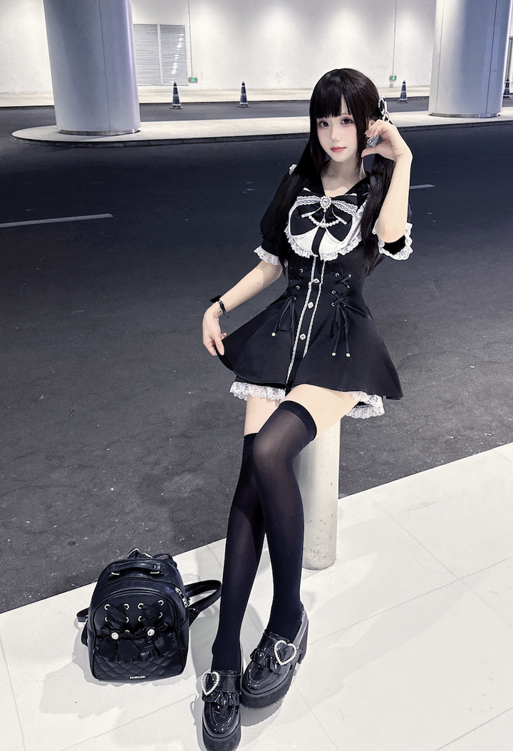 Jirai Kei Dress With Lace-Up Waist & Pocketed Shorts 43005:761669