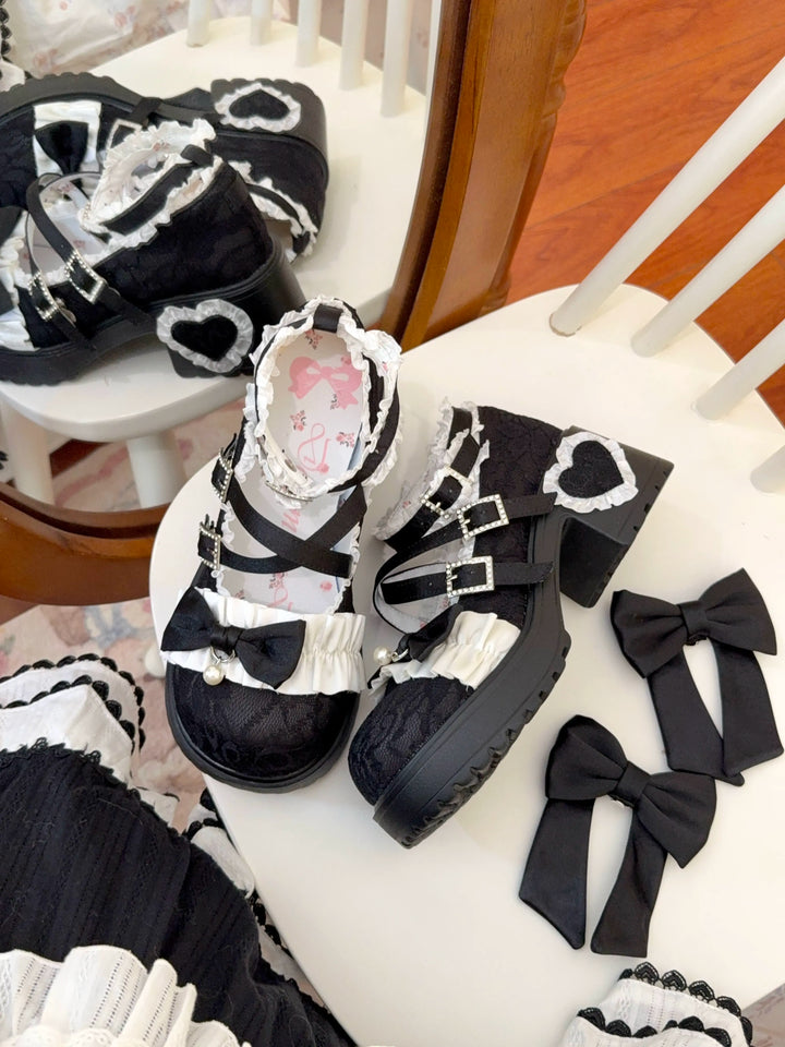Classic Lolita Mary Jane Shoes, Lace Tulle & Ribbon Bow (Black / 34 35 36 37 38 39 40 41 42) 46012:873440