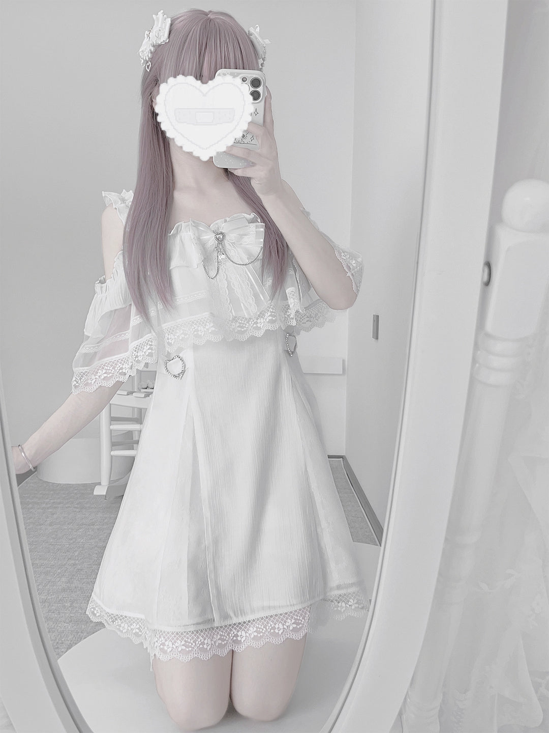 Solid White Ryousangata Dress, Bust Sheer Overlay 43299:772975