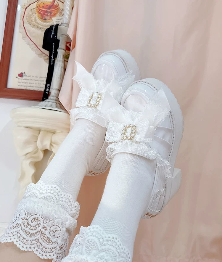 Black/White Jirai Kei Platform High Heel Shoes, Lace Bow 45952:872990