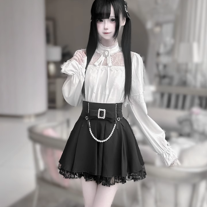 Jirai Kei Hollow-Out Lace Blouse Black Skirt With Pearl Chain 42163:729277
