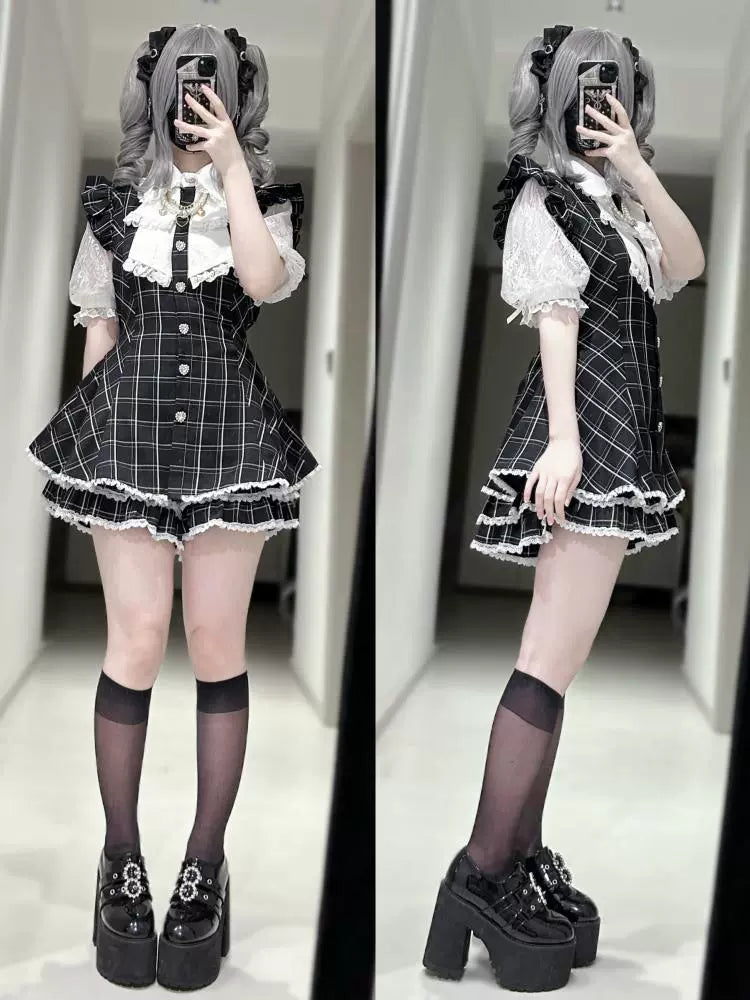 Plaid/Black Jirai Kei Dress Set, Lace Sleeve, Pearl Chain (L M S XL) 43241:774467