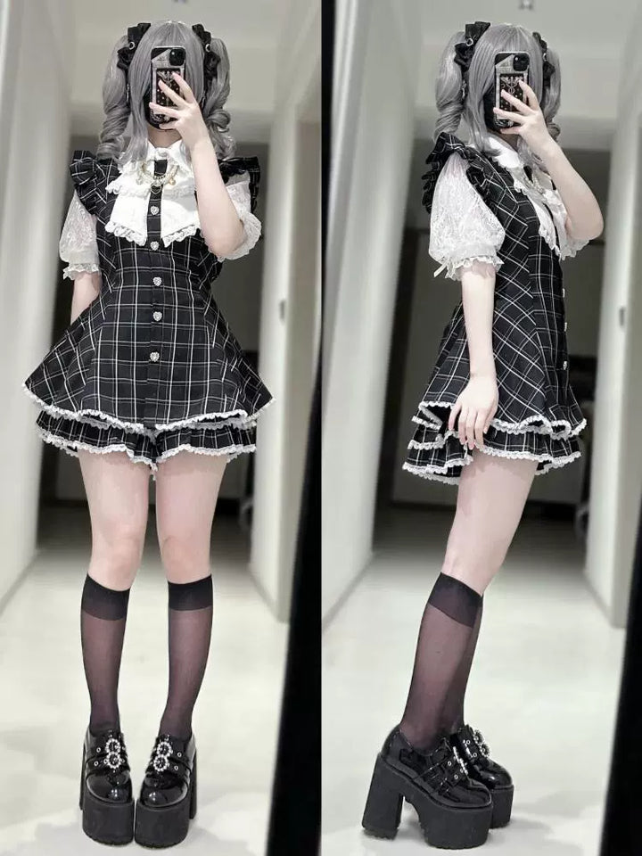Plaid/Black Jirai Kei Dress Set, Lace Sleeve, Pearl Chain (L M S XL) 43241:774467