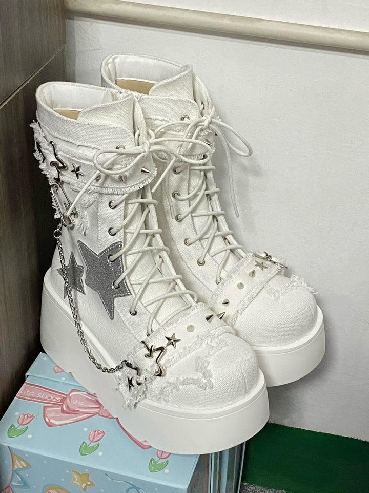 Y2K Platform Shoes Gyaru Fashion Boots Canvas Combat Boots 35060:487940