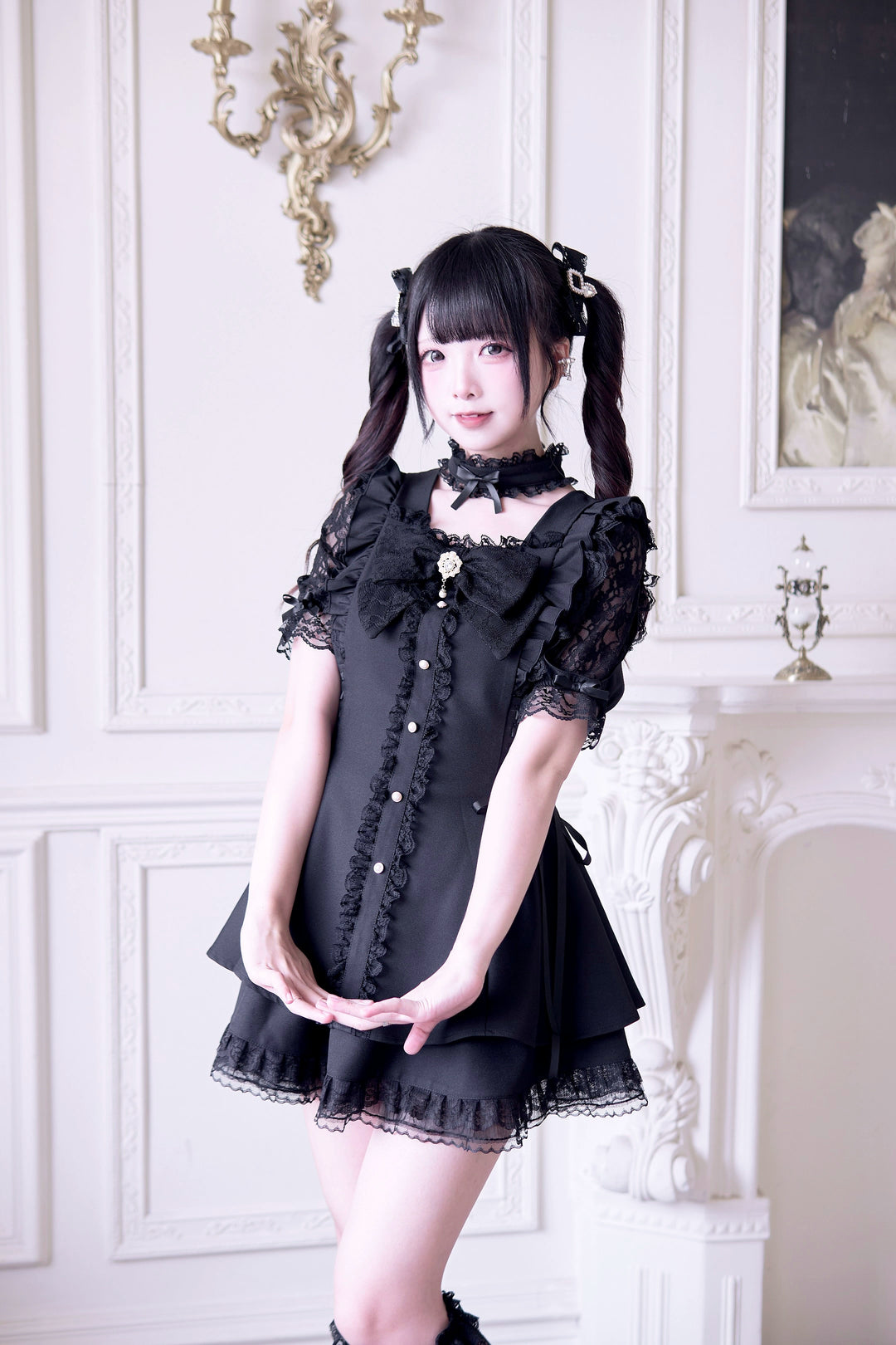 Jirai Kei Dress 4-Piece Set, Elastic Waist & Pearl Button 43010:761778