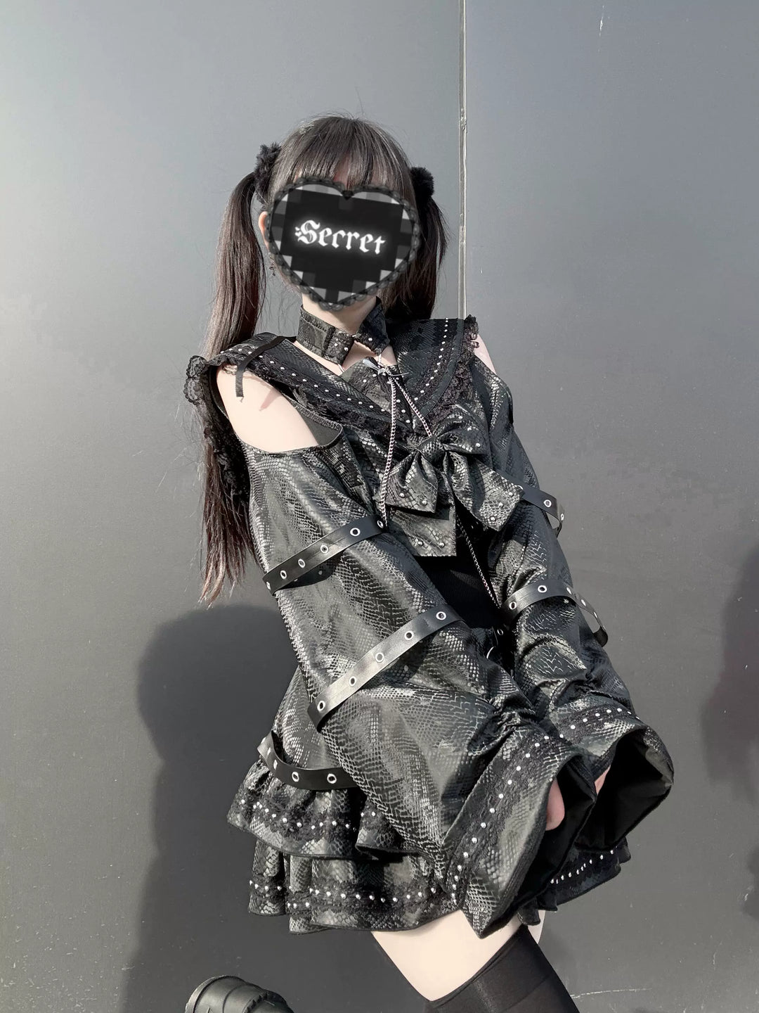 Subculture Black Top & Skirt Set, Snakeskin-Like Style 44771:827685