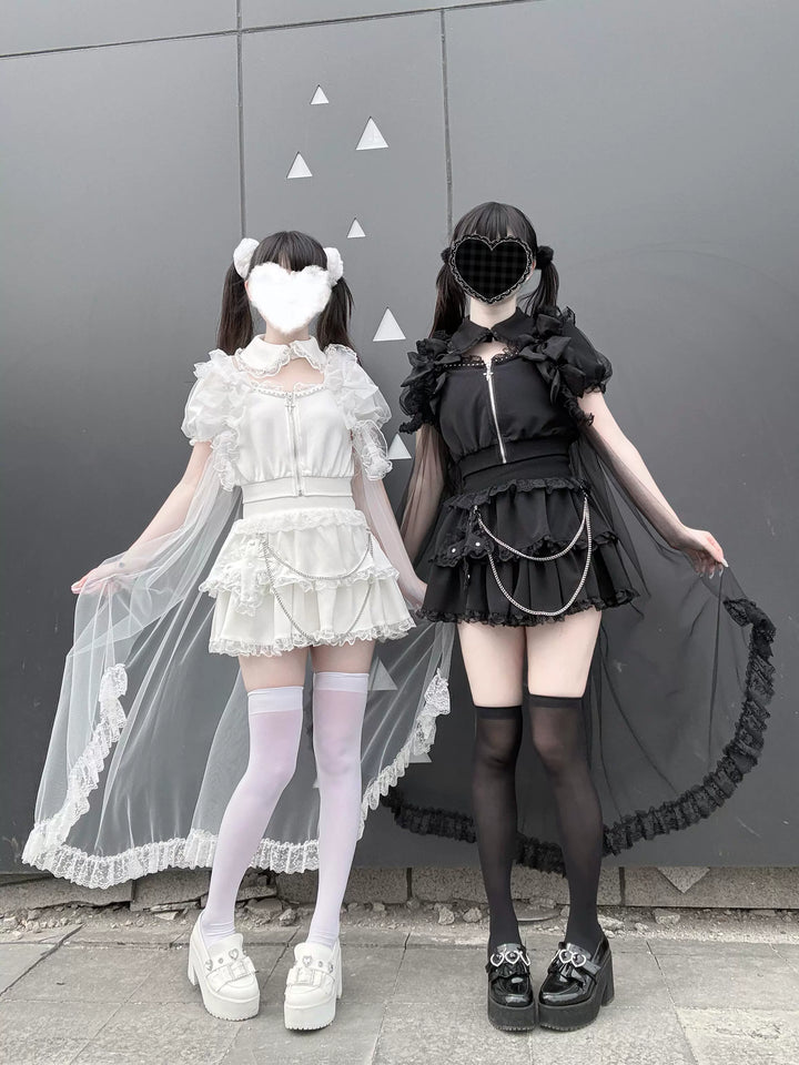 Jirai Kei Skirt & Zip-up Top, Tulle Vest 45009:838760